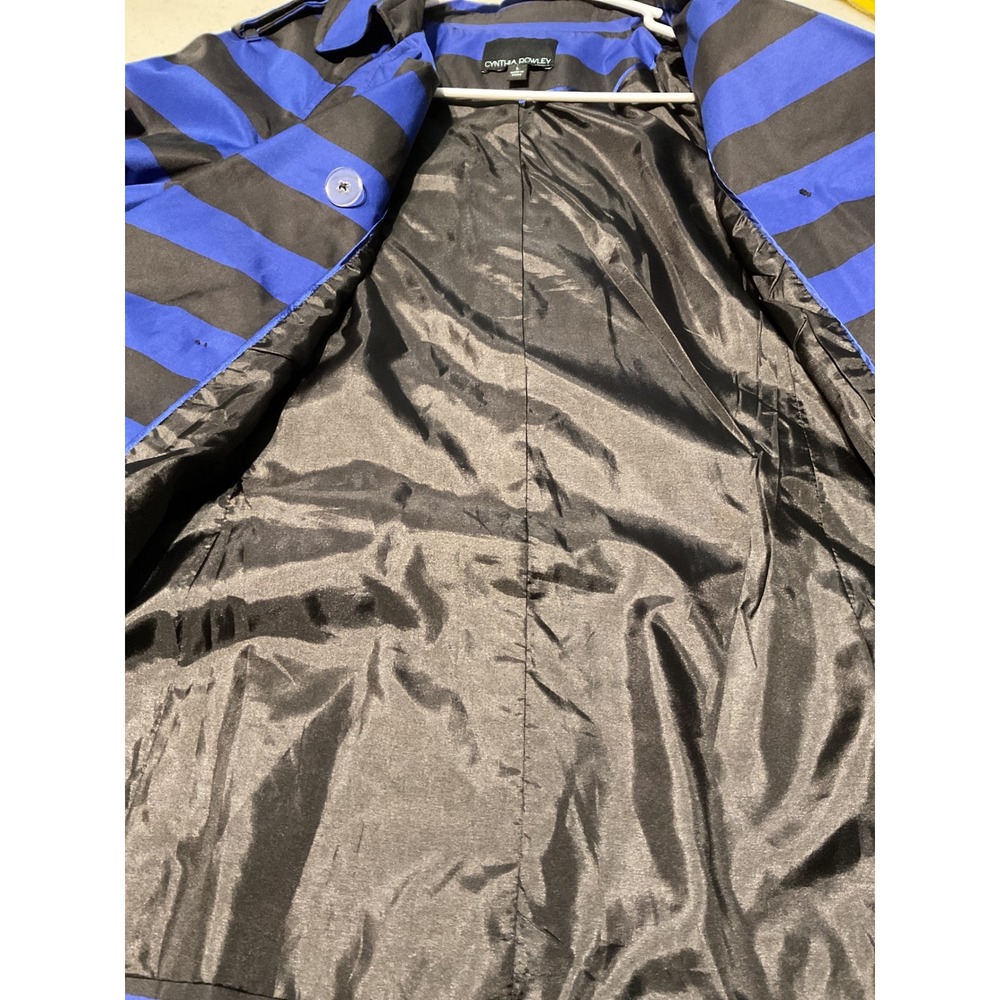 Cynthia Rowley Blue Black Stripe Trench Coat Women's Size L Double Breasted - Picture 7 of 9